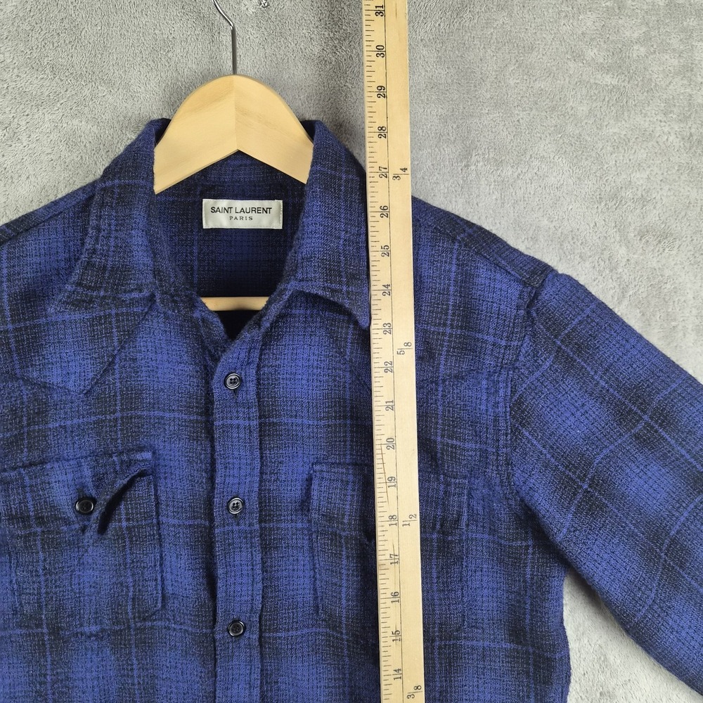 Saint Laurent Paris Shirt Large Navy Blue Plaid 100% Wool Japan Designer Luxury - Picture 4 of 11